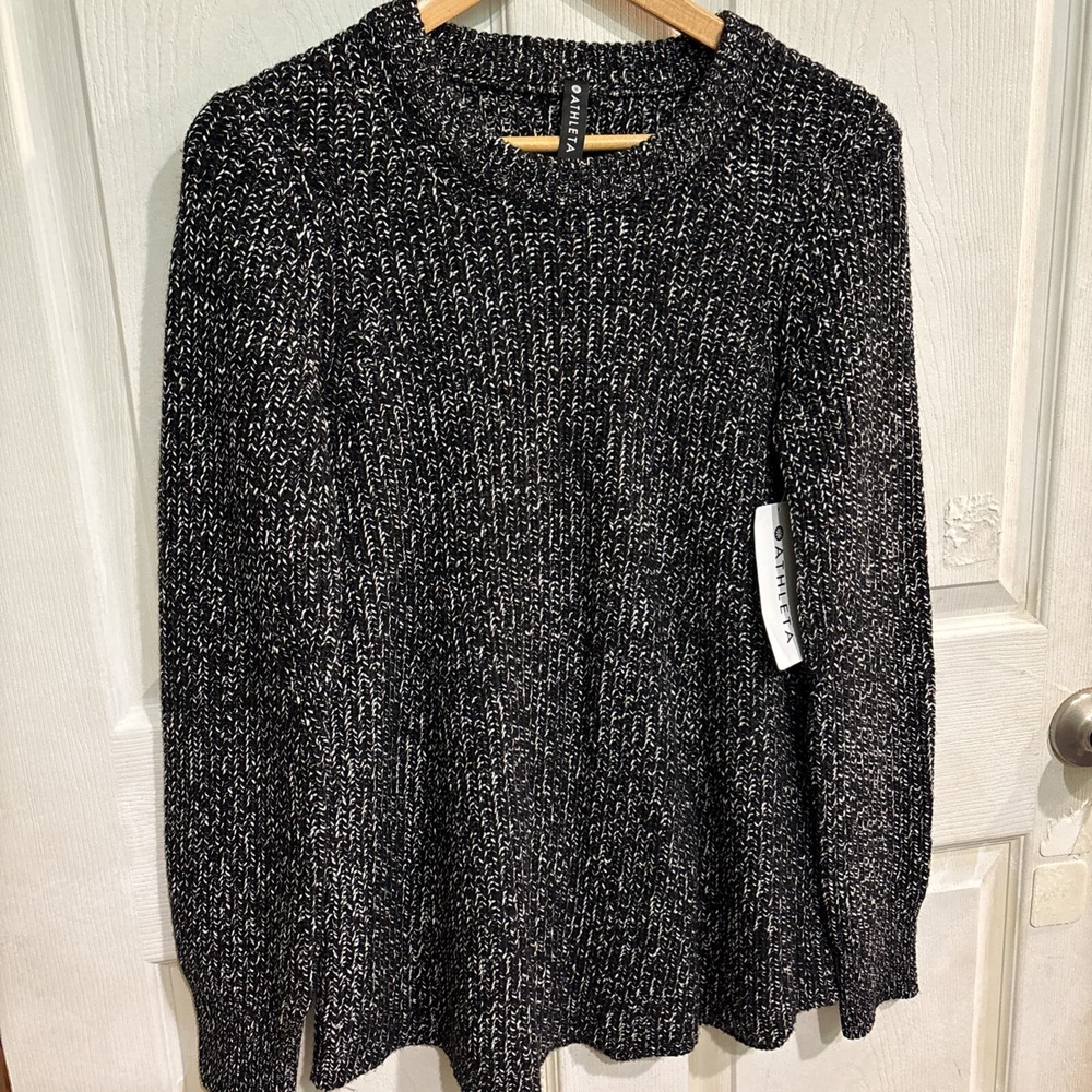 Athleta Sierra Crew Wool-Blend Rib Knit Sweater Womens Size M Reg Black WhiteNew